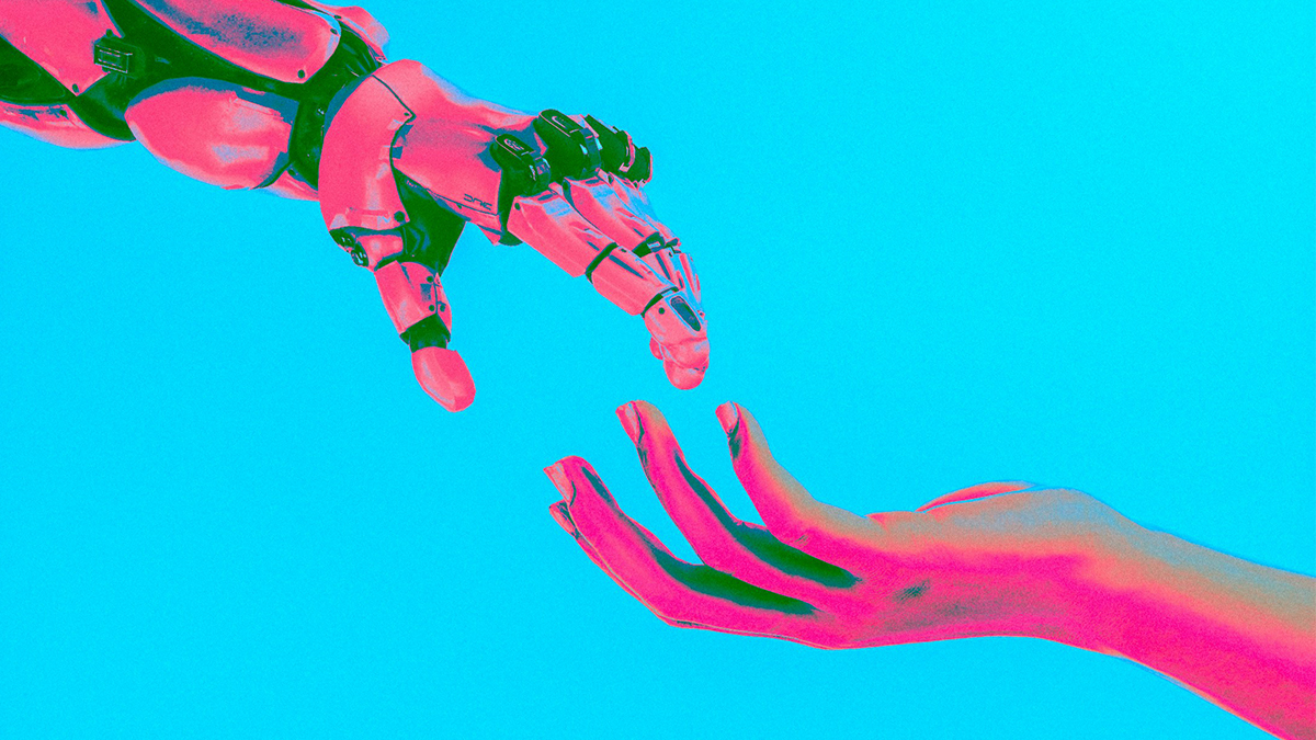 Variation von Michelangelos Fingerzeig zwischen Adam und Gott, hier als verfremdete Zeichnung einer Roboterhand und einer Menschenhand, die sich fast berühren. Die Hände sind in Pinktönen, der Hintergrund ist hellblau.