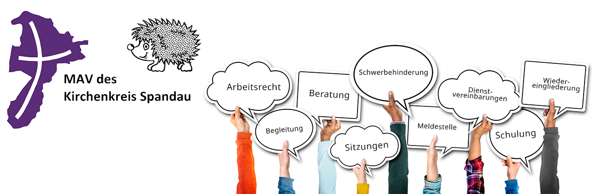 Logo MAV des Kirchenkreises Spandau mit Igel, Hände, die Schilder hochhalden: Arbeitsrecht, Begleitung, Beratung, Schwerbehinderung usw.