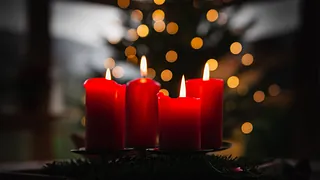 Brennende Adventskerze mit Weihnachtsbaum