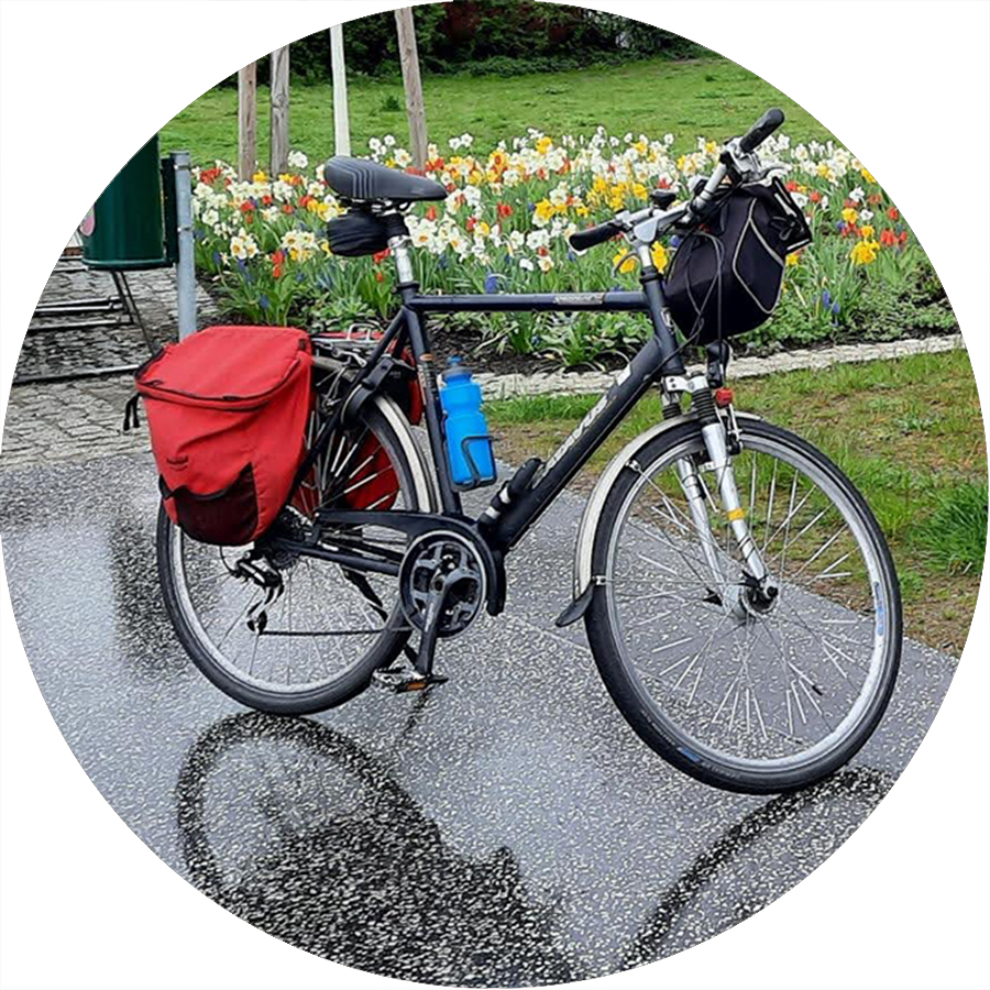 Fahrrad mit Packtaschen in Parkanlage