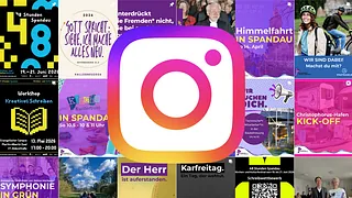 Instagram-Logo vor Profilseite des Kirchenkreises mit Beitragsbildern