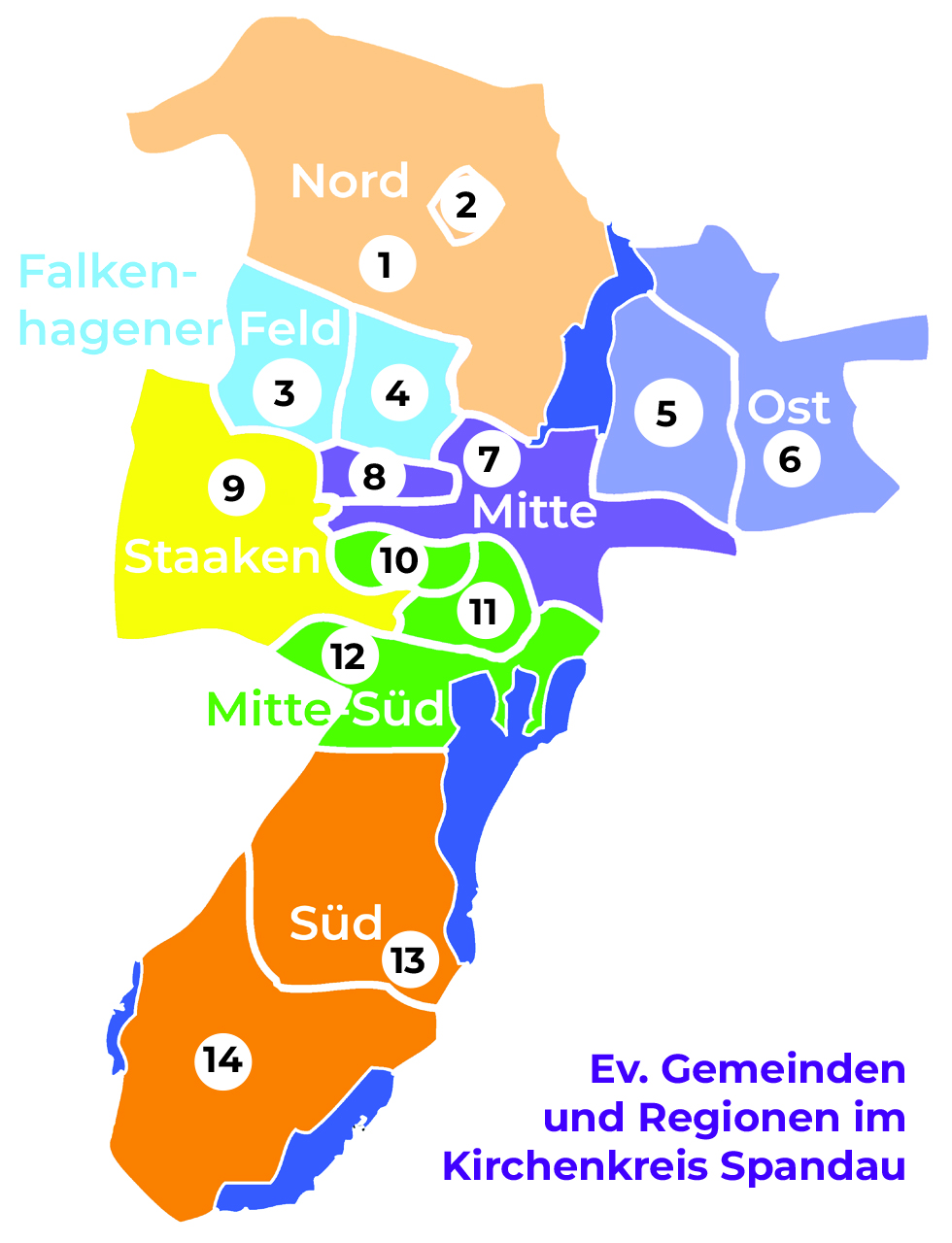 Schematischer Plan mit den Regionen und nummerierten Gemeinden