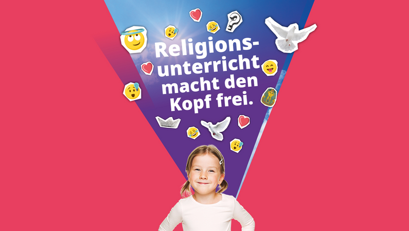 Religionsunterricht macht den Kopf frei - über einem Mädchen versammeln sich Symbole wie Tauge, Smiley, Blumen, Boot, Herzen