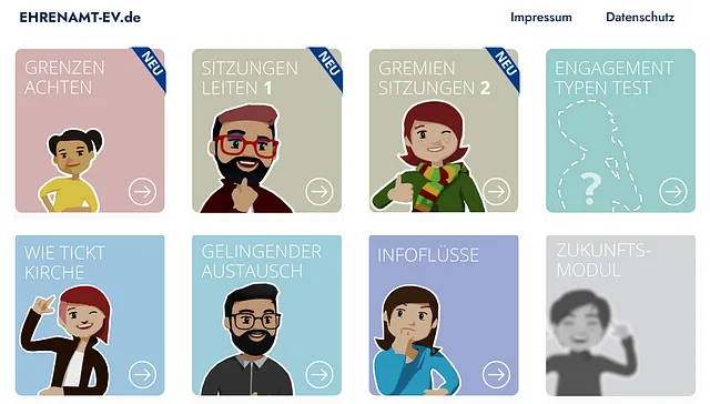 Comicfiguren mit Modulinhalten, wie Grenzen achten, Sitzungen leiten