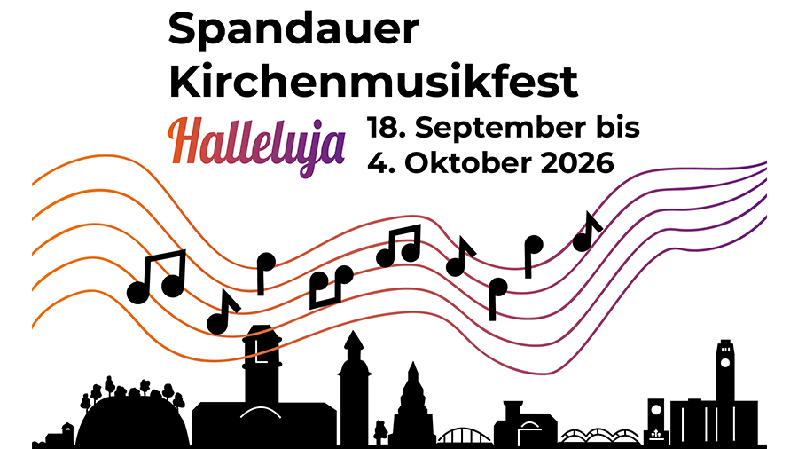 Flyer: Spandauer Kirchenmusikfest mit gewellter Notenlinie und Silhouette von Spandau