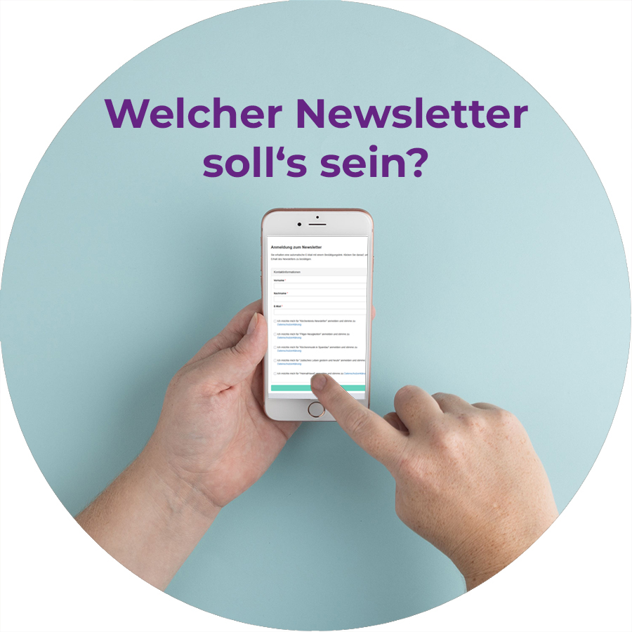 Finger tippt auf Handy-Display "Welcher Newsletter soll's sein?"