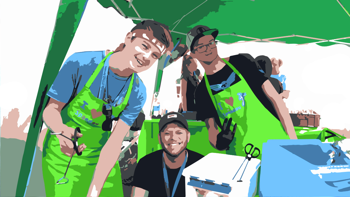 Zeichnung: Jugendliche beim Grillen. Sie tragen "I love Spandau"-Schürzen