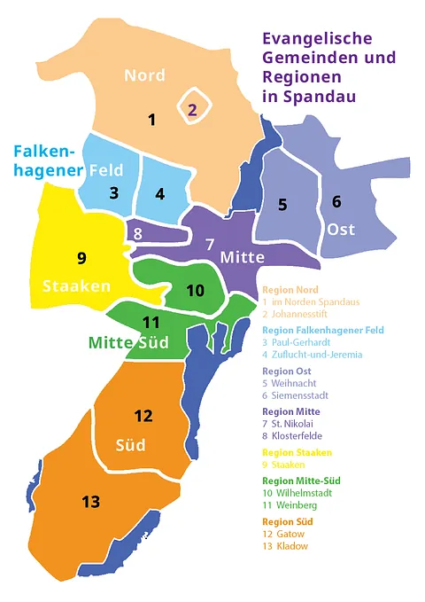 Schematischer Plan mit den Regionen und nummerierten Gemeinden