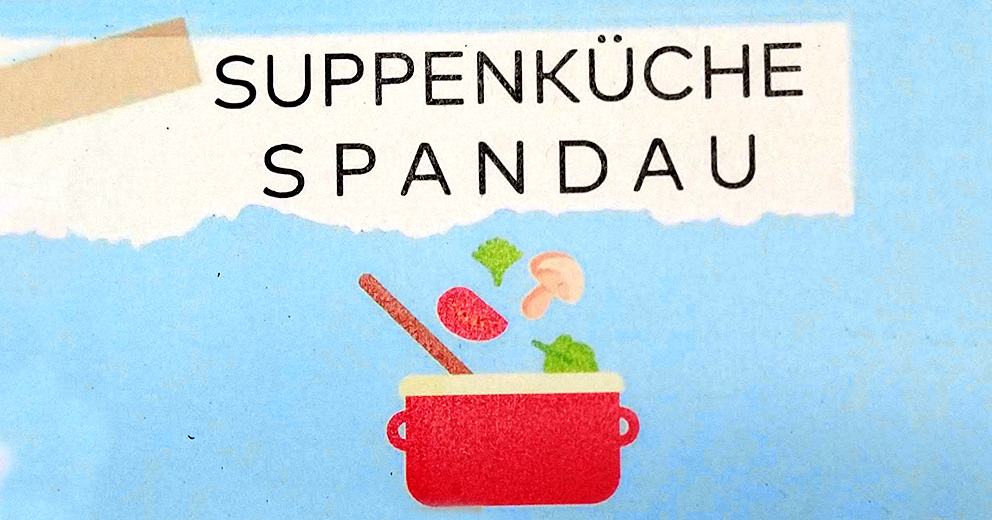 Flyer "Suppenküche Spandau" mit Grafik eines Kochtopfs und Zutaten, die hineinrieseln