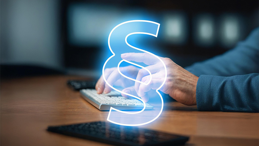 Eine Person sitzt an der Tastatur, im Vordergrund leutet ein Paragraphenzeichen.