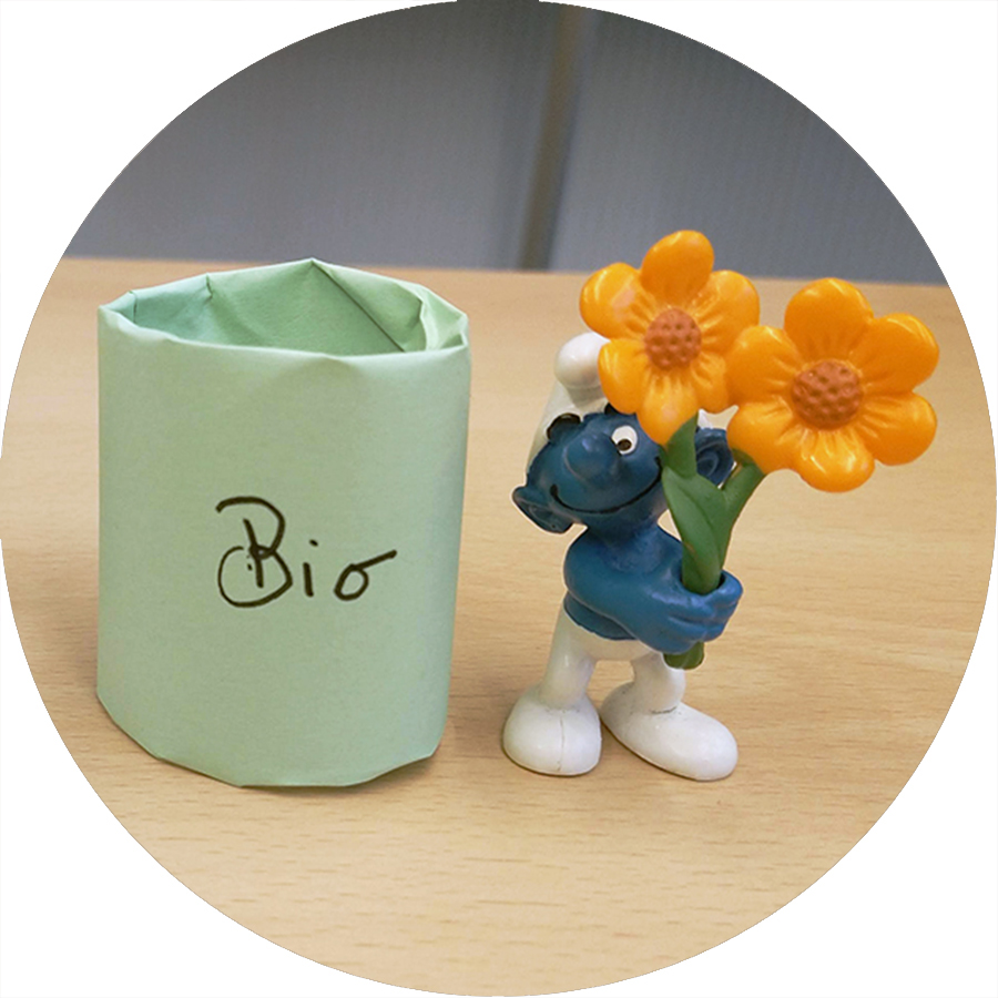 Symbolbild: Ein Schlumpf hält eine Blume, daneben eine Papierform mit der Aufschrift "bio"
