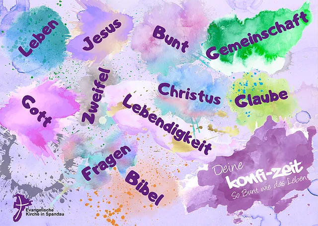 Bunte Farbkleckse mit Worten: Leben, Jesus, Bunt, Gemeinschaft, Gott, Zweifel, Lebendigket, Christus, Glaube, Fragen, Bibel - Deine Konfi-Zeit - So bunt wie das Leben